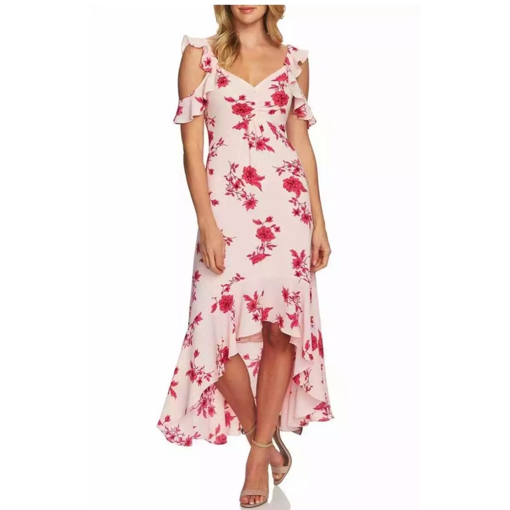 CECE Sz XS Etched Floral High/Low Midi Dress Cold Shoulder V-Neck